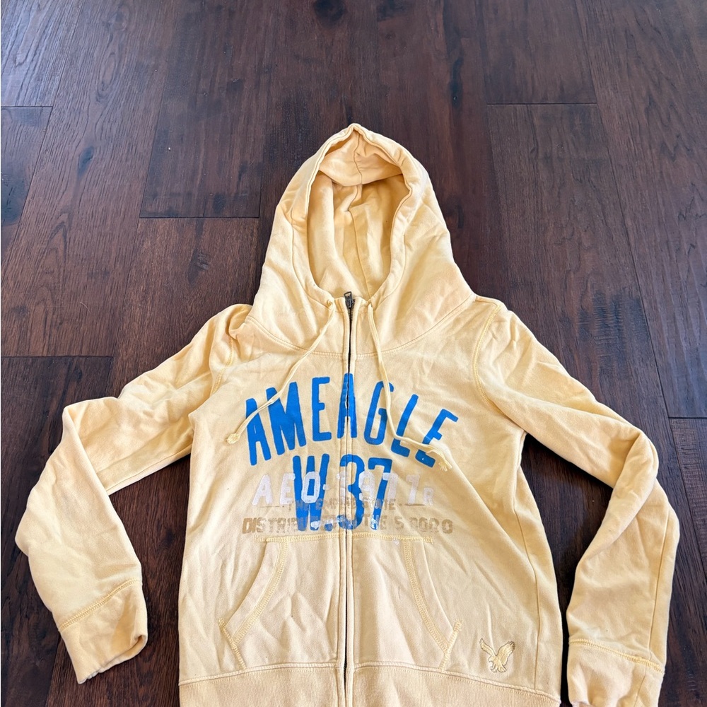 American Eagle Yellow Zip-Up Hoodie with Blue Lettering